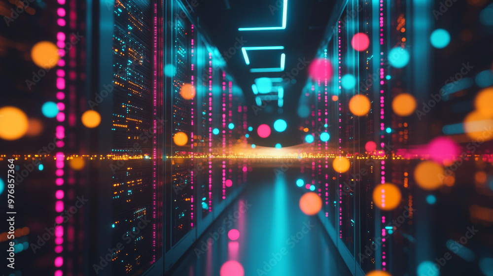 Poster data center: an abstract representation of a digital repository. it features a server room utilizing