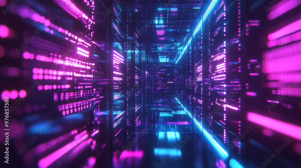 Poster data center: an abstract representation of a digital repository. it features a server room utilizing