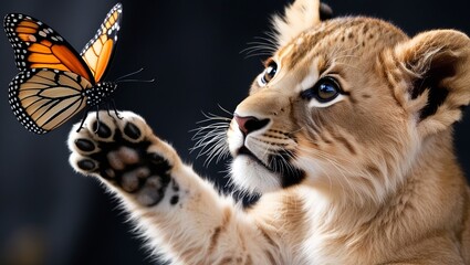 Fototapeta premium a tiger cub with a butterfly on his finger