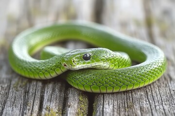 Fototapeta premium Green Snake Coiled on Wood Symbol of the Chinese Zodiac and New Year Festivities 2025