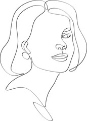 Linear portrait of a beautiful girl.  Minimal portrait. One continuous line. Beauty and glamour concept. Hand drawn vector illustration.