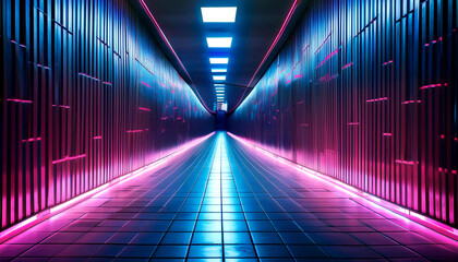 Fototapeta premium Futuristic Tunnel with Neon Pink and Blue Lights Background