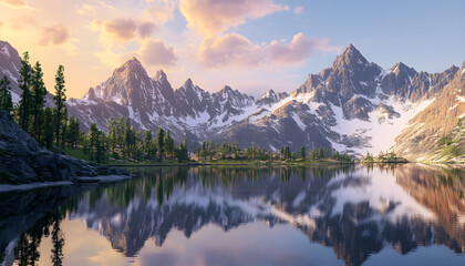 Fototapeta premium Nature Bliss: A serene mountain landscape with a lake reflecting the snowy peaks at sunrise