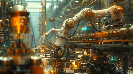 Abstract robotics background featuring robotic arms and mechanical parts in a factory setting