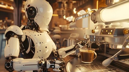 Robotic Barista: A robot barista making a latte in a futuristic café, with precision and flair. 
