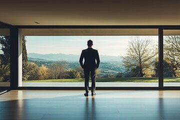 Fototapeta premium A professional in a minimalistic setting stands by a large window, offering an unobstructed view, capturing a serene and focused work atmosphere. 