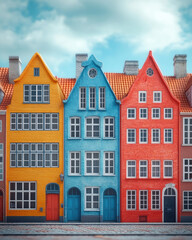 Fototapeta premium Vibrant row of colorful houses showcasing charming architecture under a bright sky, perfect for travel and urban photography.