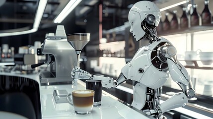 Robotic Barista: A robot barista making a latte in a futuristic café, with precision and flair. 
