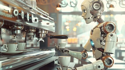 Fototapeta premium Robotic Barista: A robot barista making a latte in a futuristic café, with precision and flair. 