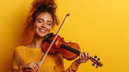 Fototapeta premium A Joyous Violinist Captured in a Vibrant Yellow Background, Radiating Happiness and Passion. Lady and Music Concept