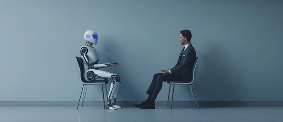 Businessman and AI Robot Sitting with Coffee Before Job Interview: Business Technology Concept