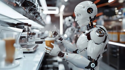 Fototapeta premium Robotic Barista: A robot barista making a latte in a futuristic café, with precision and flair. 