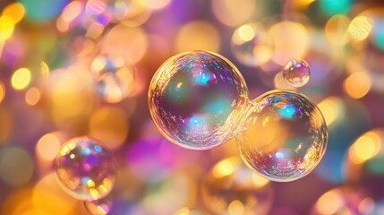 Close-up of shimmering, multicolored soap bubbles with holographic effects, highlighting their transparency and vibrant hues