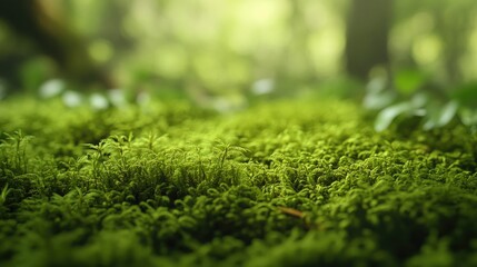 Naklejka premium Close-up of vibrant green moss growing in a rainforest, delicate texture, with a soft, blurred natural background.