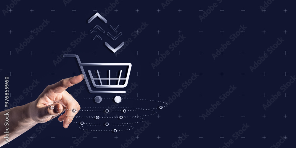 Poster close up of businessman hand pointing at creative shopping cart icon on dark background with mock up