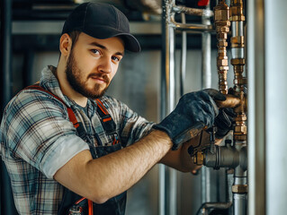 Male Plumber Working with Pipes – Skilled Tradesman in Action