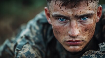 Fototapeta premium Close-up portrait of a determined soldier with sweat and dirt on his face, looking directly at the camera.