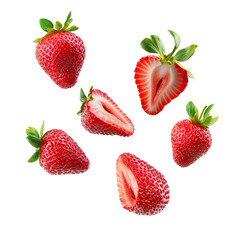 Fresh strawberries arranged with one sliced in half, showcasing juicy interior