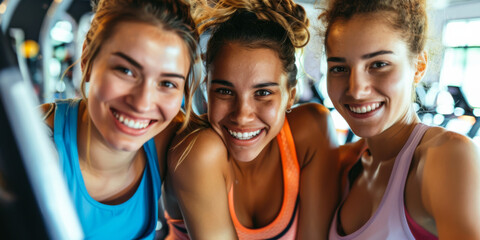 Fototapeta premium Three women smiling together in a gym during a fitness class in the morning