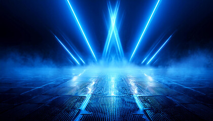 Blue Neon Pathway with Reflective Wet Surface Background