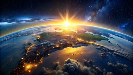 Panoramic view of Earth from space at sunrise with city lights and light clouds, Earth, globe, space, sunrise