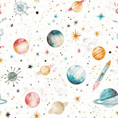Cute seamless pattern with planets and stars for kids. Cosmic elements pattern