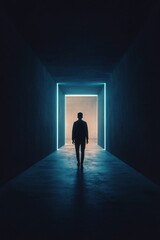 Obraz premium Silhouette of a person walking through a dark corridor with neon light