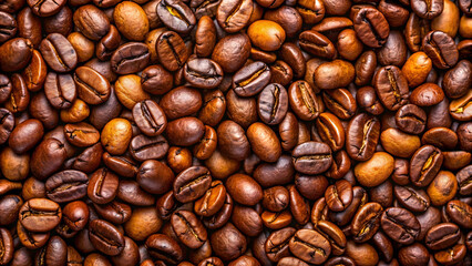 Fototapeta premium Close-up of freshly roasted Robusta and Arabica coffee beans , coffee, beans, roasted, Robusta, Arabica, close-up, fresh, organic