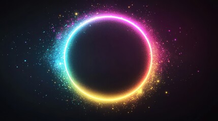 Dynamic Neon Light Ellipse with Glittering Sparks and Flares on a Futuristic Abstract Background, Conveying Motion and Energy