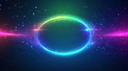 Fototapeta premium Dynamic Neon Light Ellipse with Glittering Sparks and Flares on a Futuristic Abstract Background, Conveying Motion and Energy