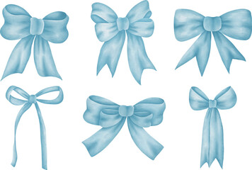 Blue ribbon bow watercolor vector illustration set of 6