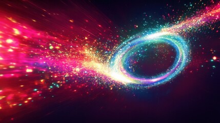 Obraz premium Dynamic Neon Light Ellipse with Glittering Sparks and Flares on a Futuristic Abstract Background, Conveying Motion and Energy