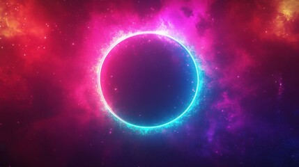 Naklejka premium Dynamic Neon Light Ellipse with Glittering Sparks and Flares on a Futuristic Abstract Background, Conveying Motion and Energy