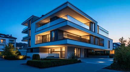 A modern residential building with smart home technology and sleek design.