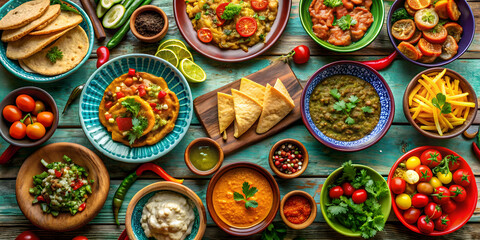 Directly above view of assorted traditional Mexican dishes and appetizers on a table , Mexican cuisine, food