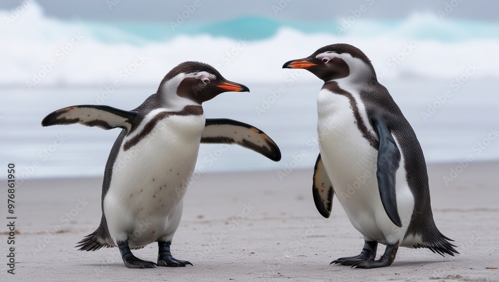 Wall mural Two penguins on the beach are discussing something with each other