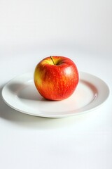 A bright red apple sits alone on a pristine white plate in soft natural light