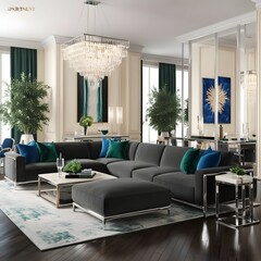 Cozy modern living room with fireplace and luxury furniture design