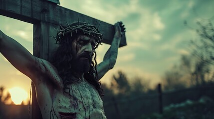 Fototapeta premium Realistic Depiction of Jesus on the Cross at Sunset with Crown of Thorns and Dramatic Sky