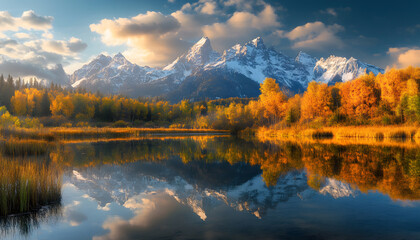 Fototapeta premium Nature Bliss: A serene mountain landscape with a lake reflecting the snowy peaks at sunrise