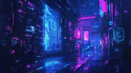 Obraz premium Futuristic wall, bathed in neon blue and purple lights, glowing brightly in a dark, cyberpunk city street.