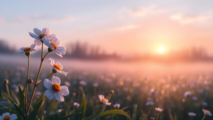 Serene Spring Morning:  Dew-Covered Flowers and Sunrise