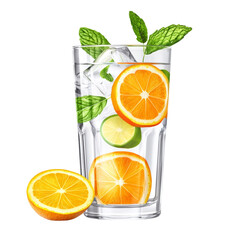 Refreshing orange mint drink with ice in a glass