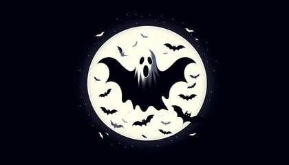 Fototapeta premium Scary white ghost is flying and screaming, surrounded by bats on a dark halloween night