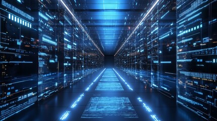 Futuristic Digital Corridor with Glowing Data and Code