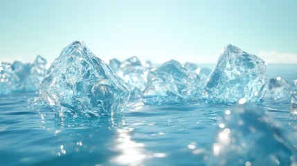 Ice chunks drifting in the sea, illustrated in a vivid 3D rendering with clear, transparent textures.