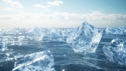 Ice chunks drifting in the sea, illustrated in a vivid 3D rendering with clear, transparent textures.
