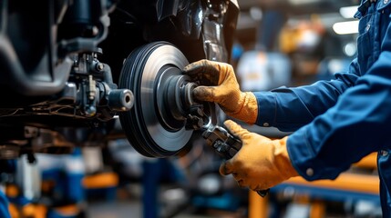 Naklejka premium Mechanic Changing Car Brake Disc in Auto Repair Shop, Automotive Maintenance Service Concept.