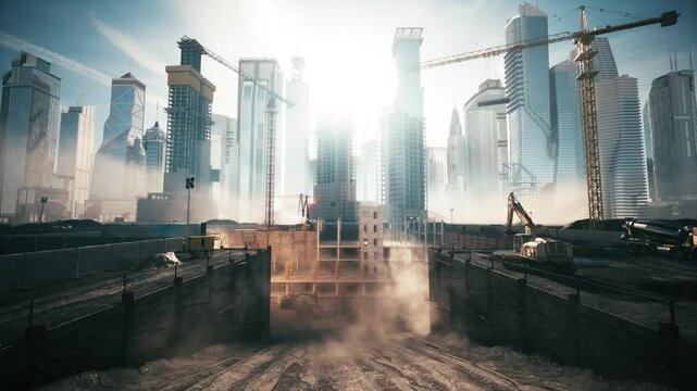 Construction of a modern city. Large construction site against the backdrop of modern skyscrapers. Construction site at sunrise