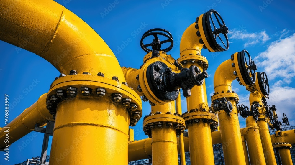 Wall mural industrial yellow pipelines and valves running along a structure, with the bright blue sky serving a